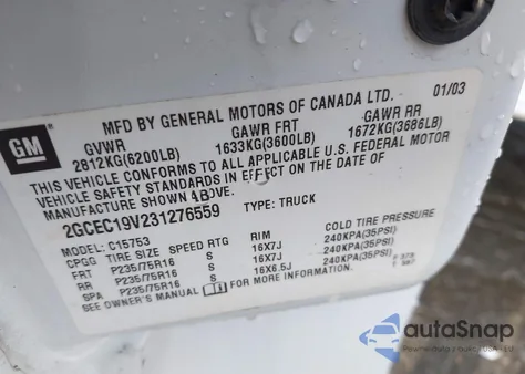 2003 Chevrolet Silverado 1500 Ls z USA, uszkodzony, nr VIN 2GCEC19V231276559